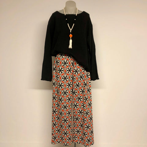Surge Tangerine + Black Geometric Linen Wide Leg Trousers
