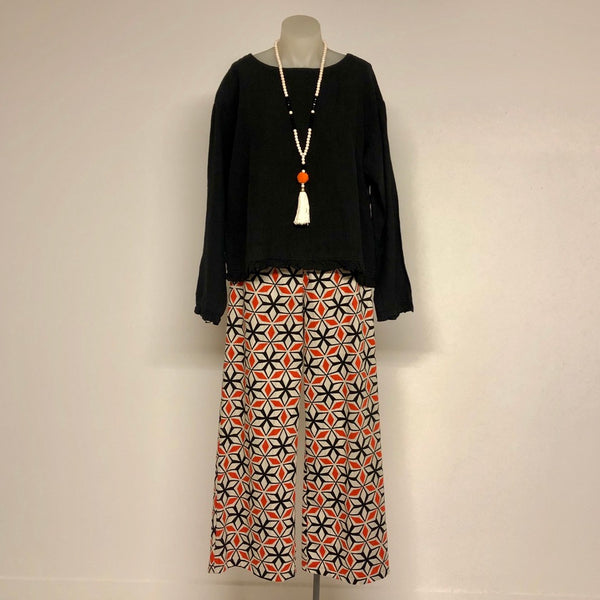 Surge Tangerine + Black Geometric Linen Wide Leg Trousers
