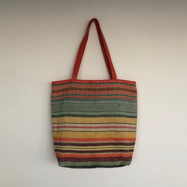 Orange Leather + Kantha Tote Bag