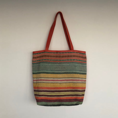 Orange Leather + Kantha Tote Bag