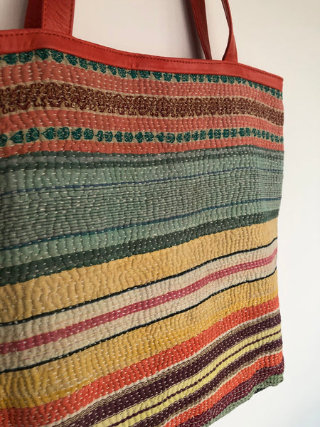 Orange Leather + Kantha Tote Bag
