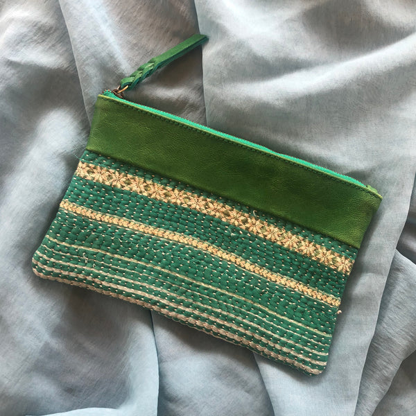 Green Leather + Kantha Purse