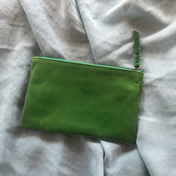 Green Leather + Kantha Purse